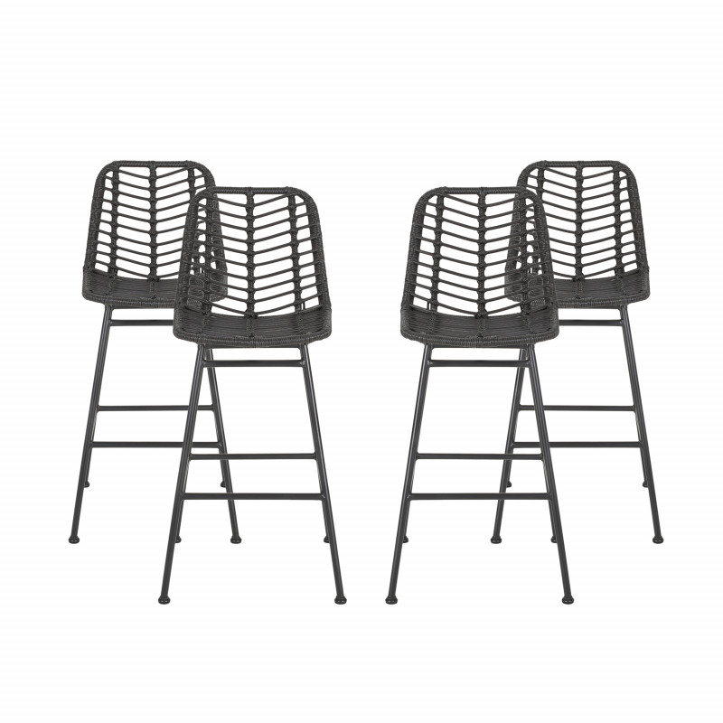 310057 Sawtelle Outdoor Wicker Barstools (Set of 4), Gray and Black