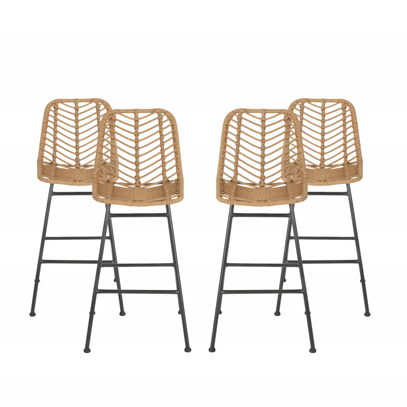 310058 Sawtelle Outdoor Wicker Barstools (Set of 4), Light Brown and Black