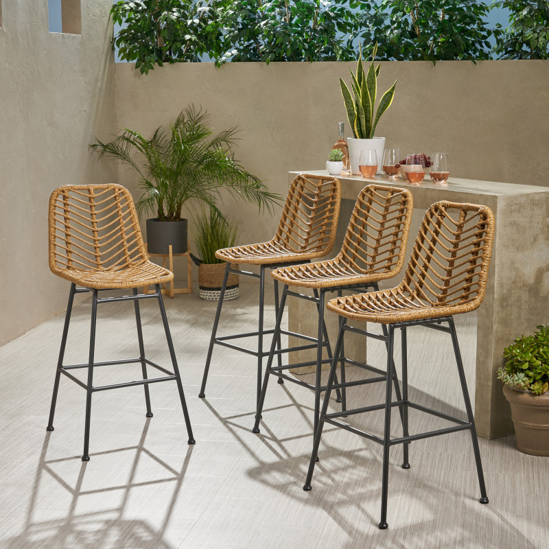 310058 Sawtelle Outdoor Wicker Barstools (Set of 4), Light Brown and Black