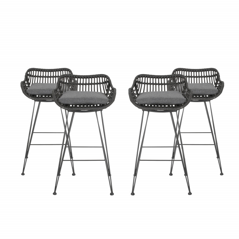 310059 Dale Outdoor Wicker Barstools with Cushions (Set of 4), Gray and Dark Gray