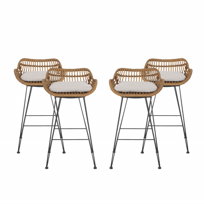 Dale Outdoor Wicker Barstools with Cushions (Set of 4), Light Brown and Beige