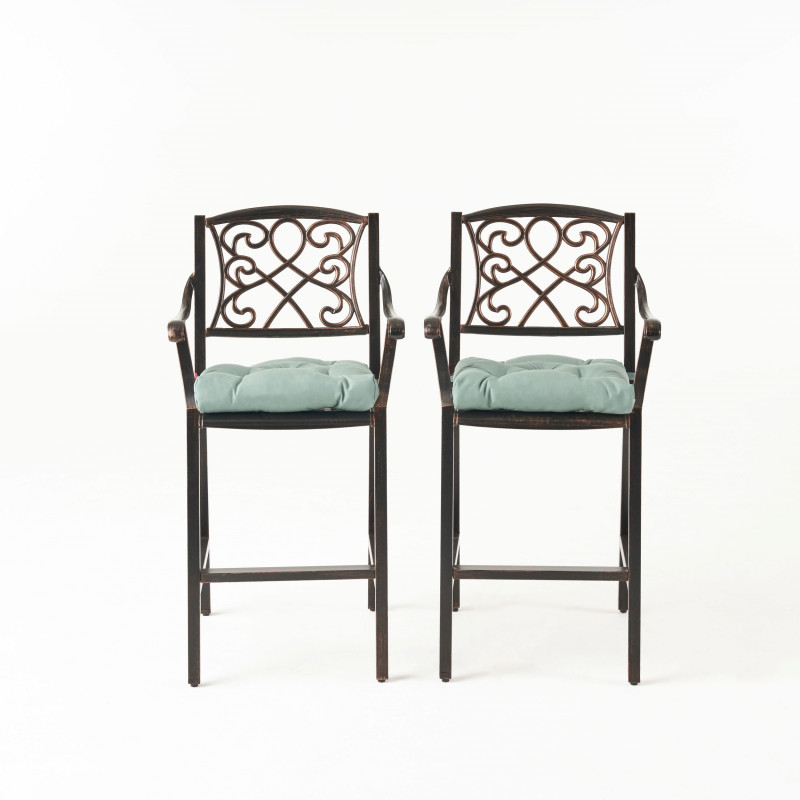 310124 Waterbury Outdoor Barstool with Cushion (Set of 2), Shiny Copper and Teal