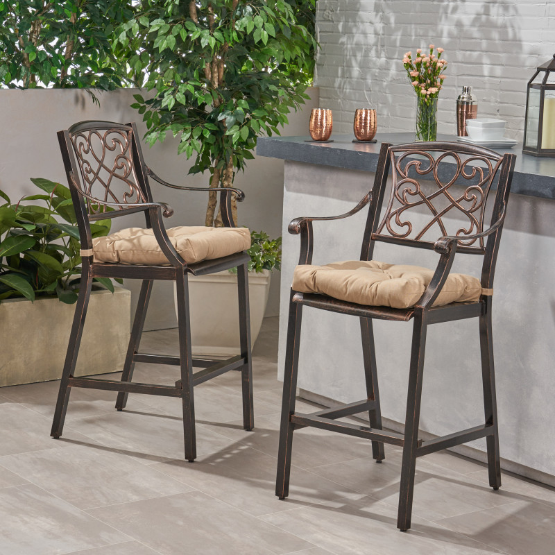 310125 Waterbury Outdoor Barstool with Cushion (Set of 2), Shiny Copper and Tuscany