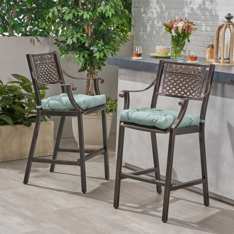 310134 Tahoe Outdoor Barstool with Cushion (Set of 2), Shiny Copper and Teal