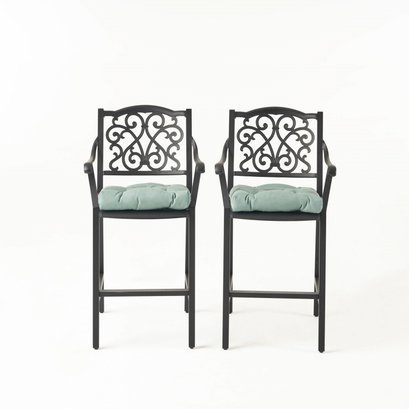 310144 Vallarta Outdoor Barstool with Cushion (Set of 2) Antique Matte Black and Teal