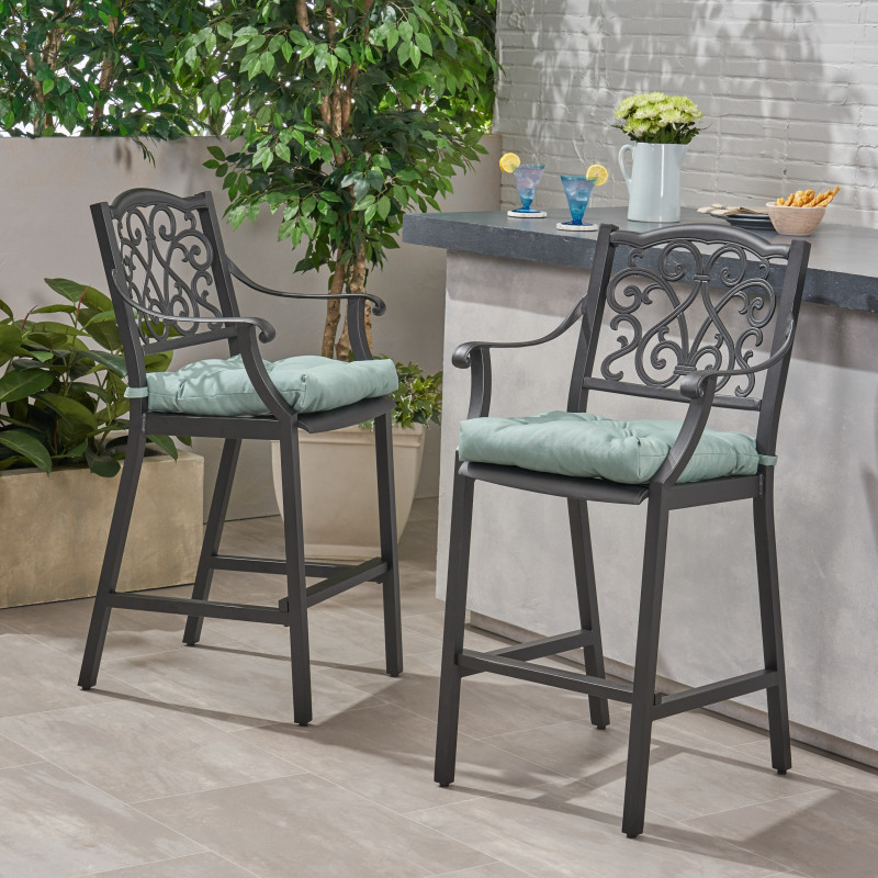 310144 Vallarta Outdoor Barstool with Cushion (Set of 2) Antique Matte Black and Teal