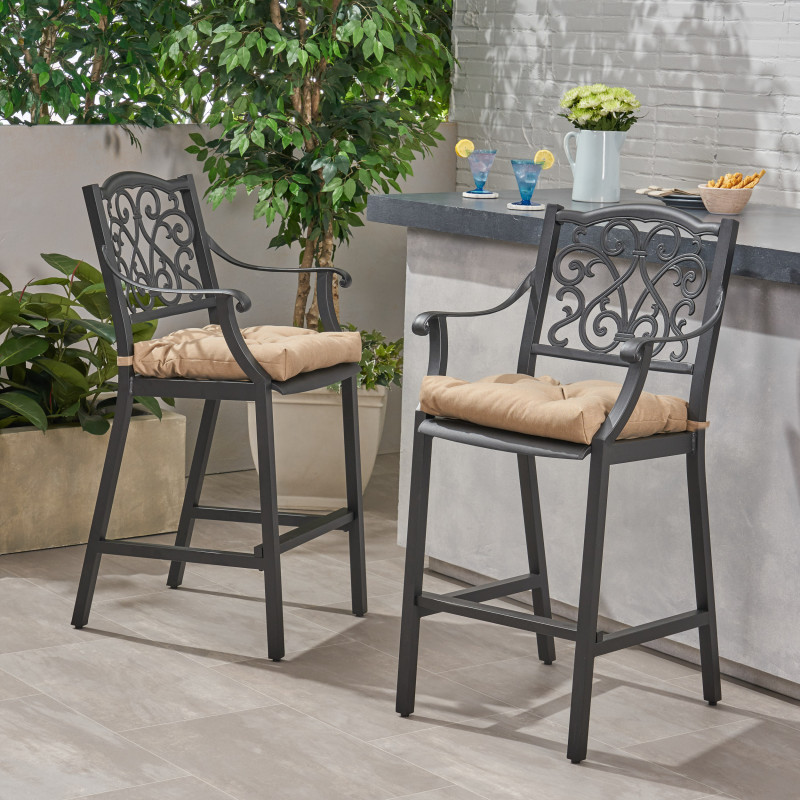 310145 Vallarta Outdoor Barstool with Cushion (Set of 2) Antique Matte Black and Tuscany