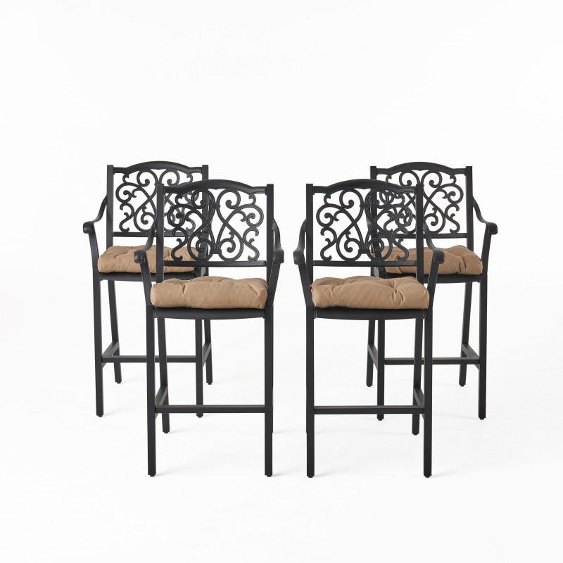 310150 Vallarta Outdoor Barstool with Cushion (Set of 4) Antique Matte Black and Tuscany
