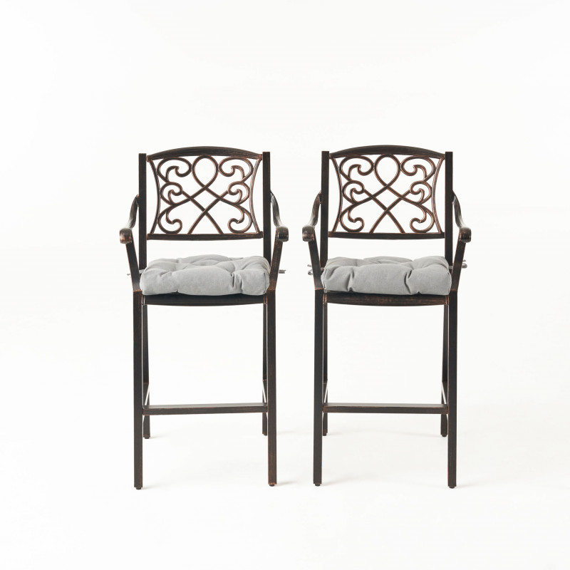 310165 Barlow Outdoor Barstool with Cushion (Set of 2), Shiny Copper and Charcoal