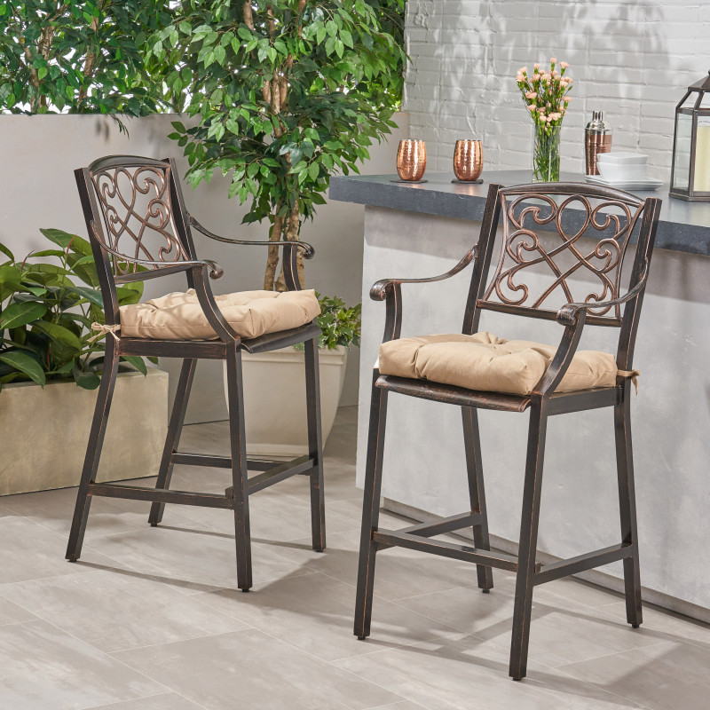 310169 Barlow Outdoor Barstool with Cushion (Set of 2), Shiny Copper and Tuscany