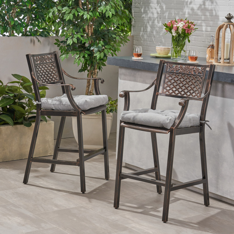 310175 Elya Outdoor Barstool with Cushion (Set of 2), Shiny Copper and Charcoal