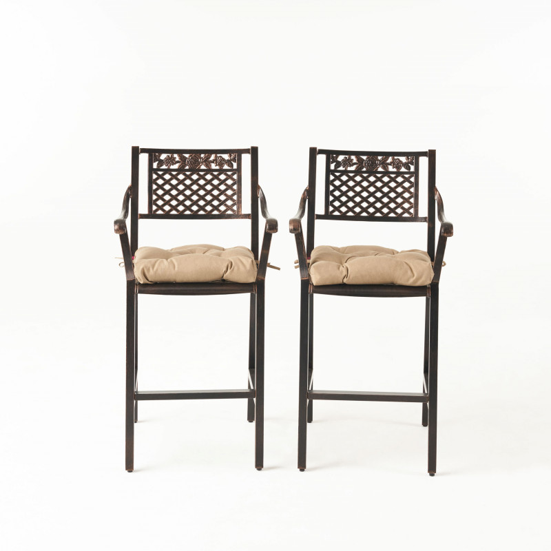 310179 Elya Outdoor Barstool with Cushion (Set of 2), Shiny Copper and Tuscany