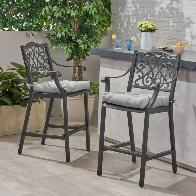 310185 San Blas Outdoor Barstool with Cushion (Set of 2) Antique Matte Black and Charcoal