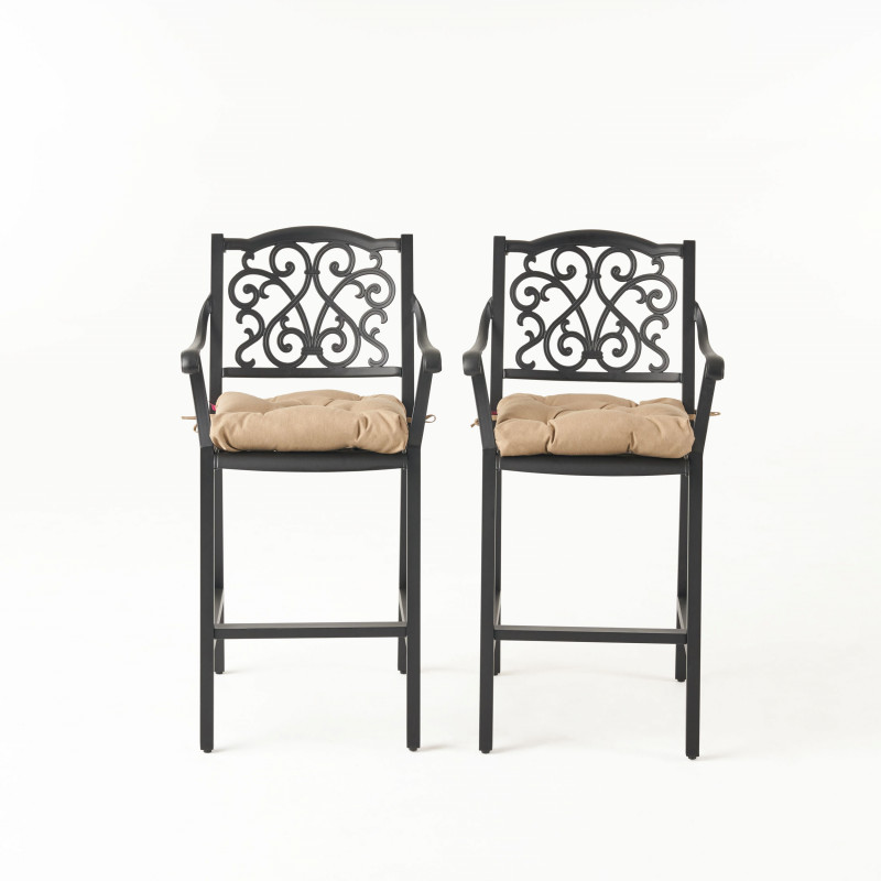 San Blas Outdoor Barstool with Cushion (Set of 2) Antique Matte Black and Tuscany