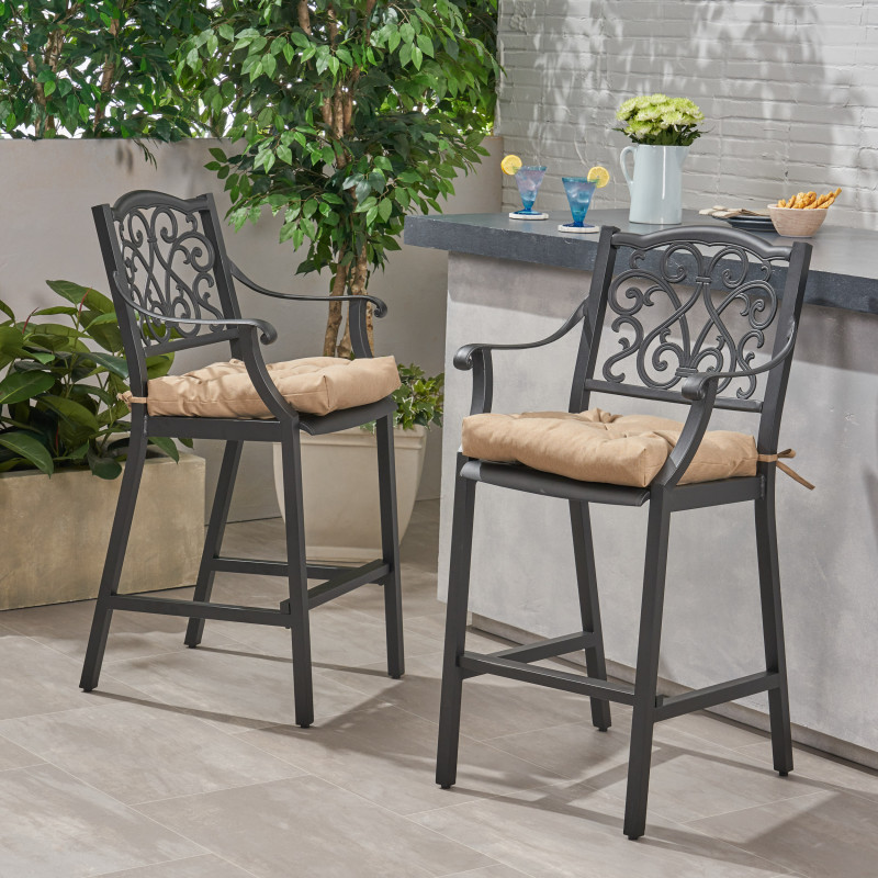 310189 San Blas Outdoor Barstool with Cushion (Set of 2) Antique Matte Black and Tuscany