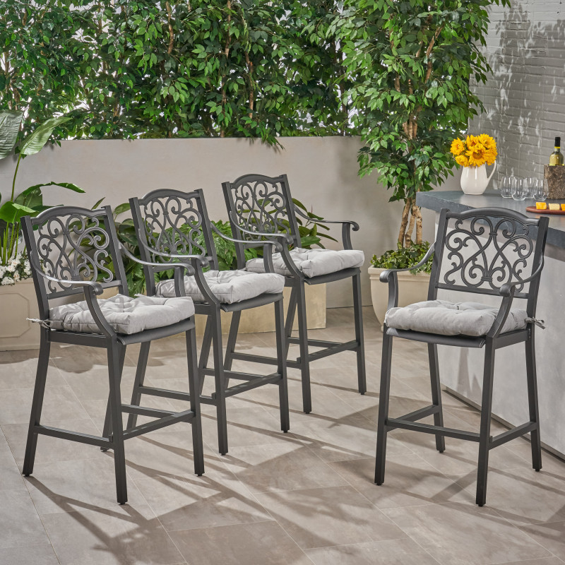 310190 San Blas Outdoor Barstool with Cushion (Set of 4) Antique Matte Black and Charcoal