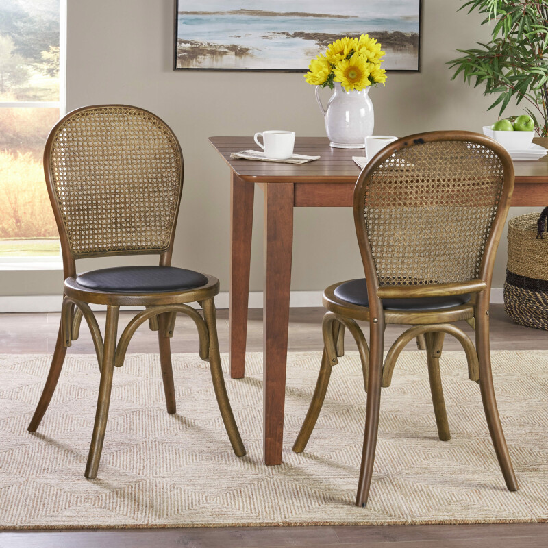 310313 Chisum Beech Wood and Rattan Dining Chair with Faux Leather Cushion (Set of 2) Natural Finish and Black