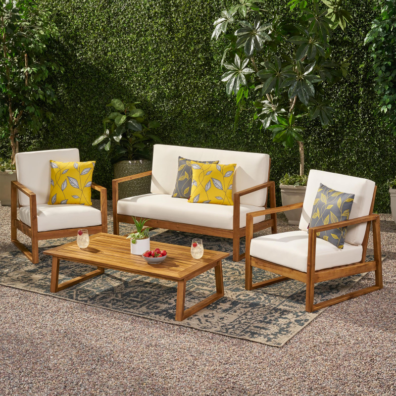 310368 Belgian Outdoor Acacia Wood 4 Seater Chat Set with Coffee Table, Teak Finish and Beige