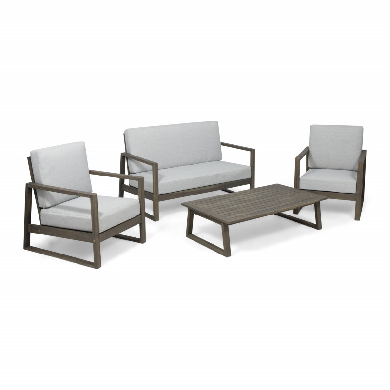 310369 Belgian Outdoor Acacia Wood 4 Seater Chat Set with Coffee Table, Gray Finish and Light Gray