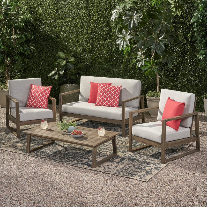 310369 Belgian Outdoor Acacia Wood 4 Seater Chat Set with Coffee Table, Gray Finish and Light Gray