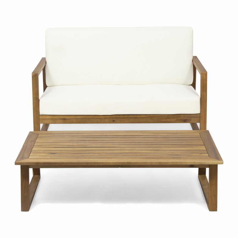 310370 Belgian Outdoor Acacia Wood Chat Set with Coffee Table, Teak Finish and Beige