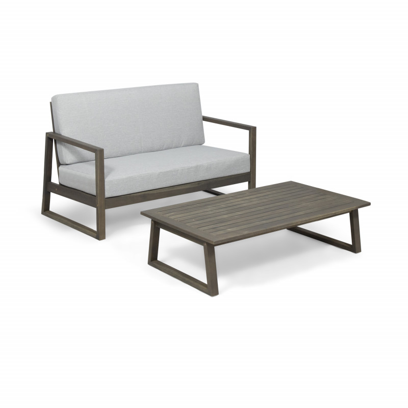 310371 Belgian Outdoor Acacia Wood Chat Set with Coffee Table, Gray Finish and Light Gray