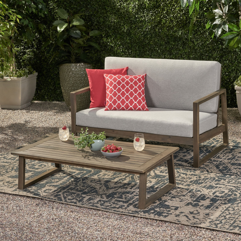 310371 Belgian Outdoor Acacia Wood Chat Set with Coffee Table, Gray Finish and Light Gray