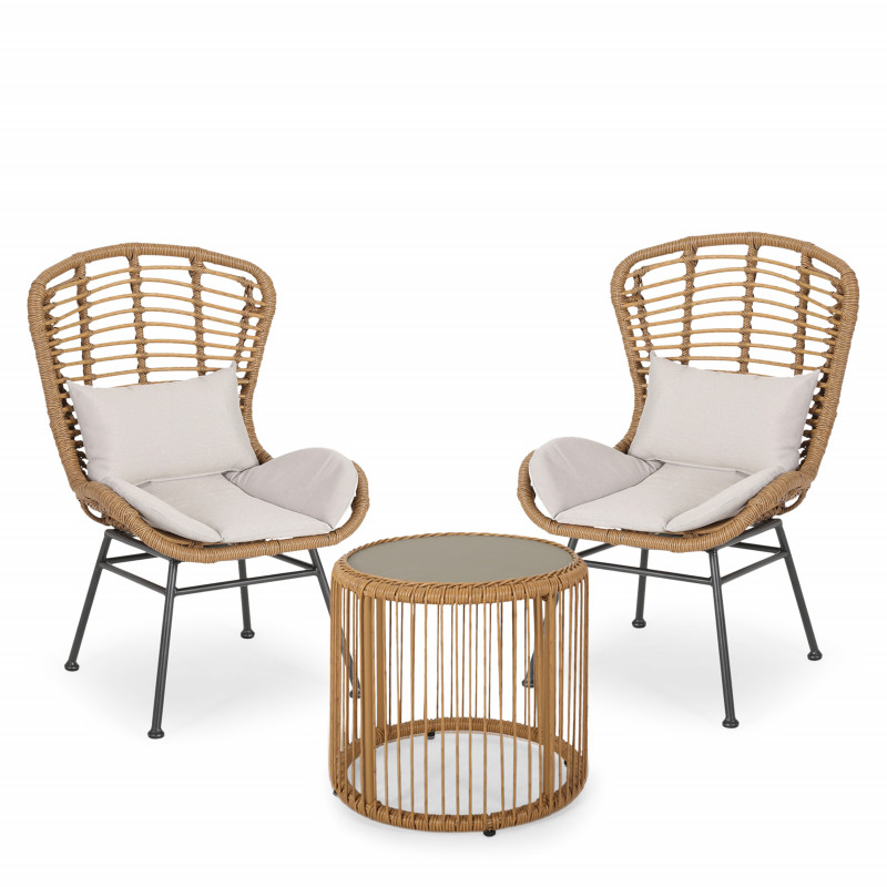 Olvera Outdoor Modern Boho 2 Seater Wicker Chat Set with Side Table, Light  Brown, Beige and Black in Light Brown/Black/Beige by Noble House