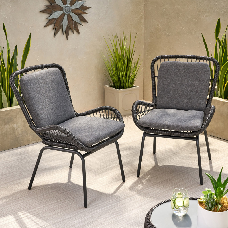 310468 Pabrico Outdoor Wicker Club Chair with Cushions (Set of 2), Gray and Dark Gray