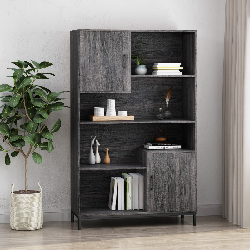 310888 Frankford Contemporary Faux Wood Cube Unit Bookcase, Dark Gray and Black