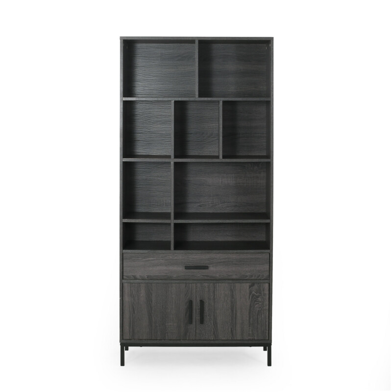 310893 Gallatin Contemporary Faux Wood Cube Unit Bookcase, Dark Gray and Black