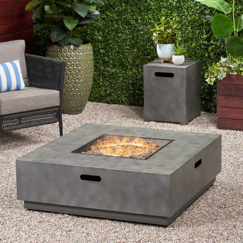 311229 Wellington Outdoor 40-Inch Square Fire Pit with Tank Holder, Concrete