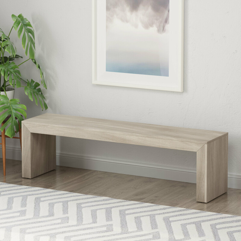 311414 Pannell Farmhouse Acacia Wood Dining Bench, Light Gray Oak