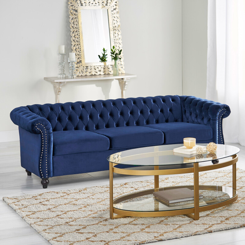 311418 Parksley Tufted Chesterfield Velvet 3 Seater Sofa, Midnight Blue and Dark Brown