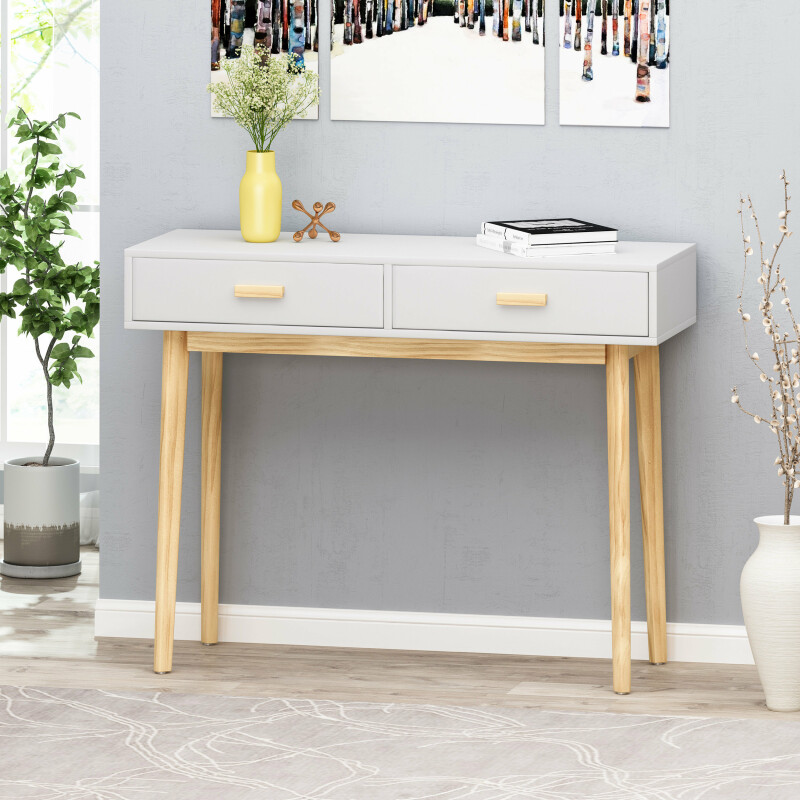 311438 Pickford Mid-Century Modern 2 Drawer Console Table, Matte White and Natural