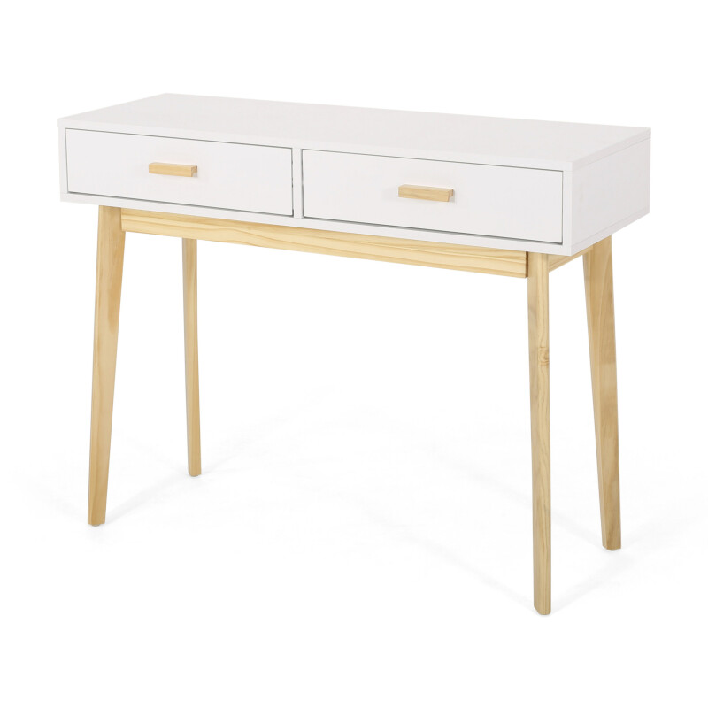311438 Pickford Mid-Century Modern 2 Drawer Console Table, Matte White and Natural