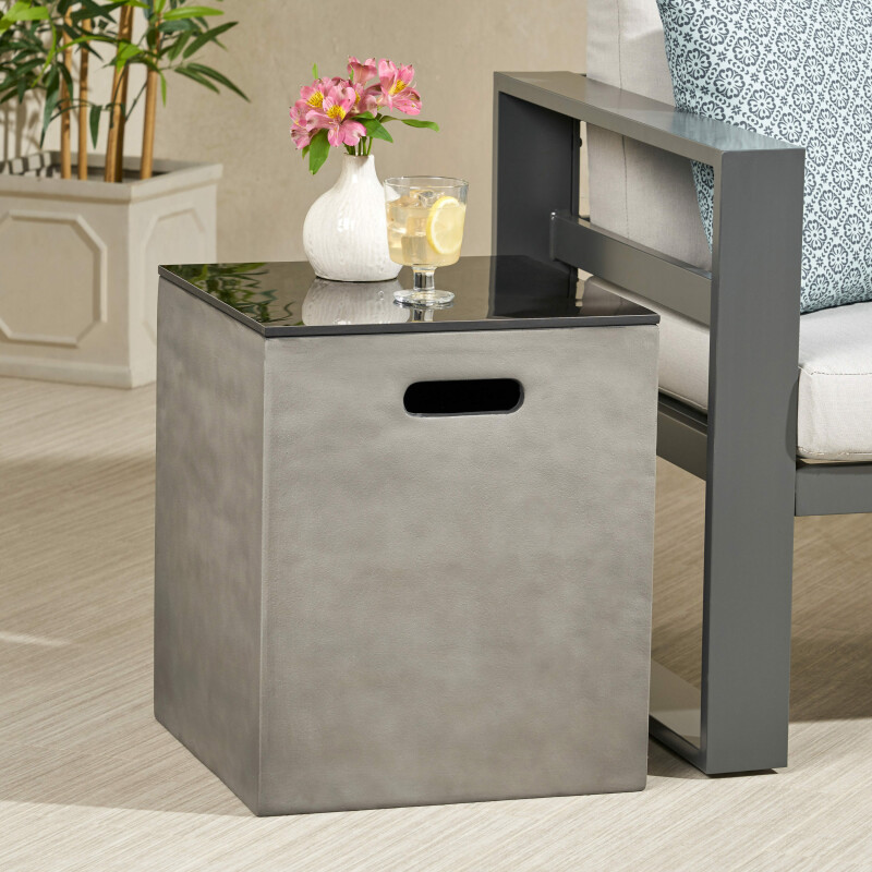 311441 Aido Outdoor Modern Tank Holder Side Table, Light Gray and Gloss Black