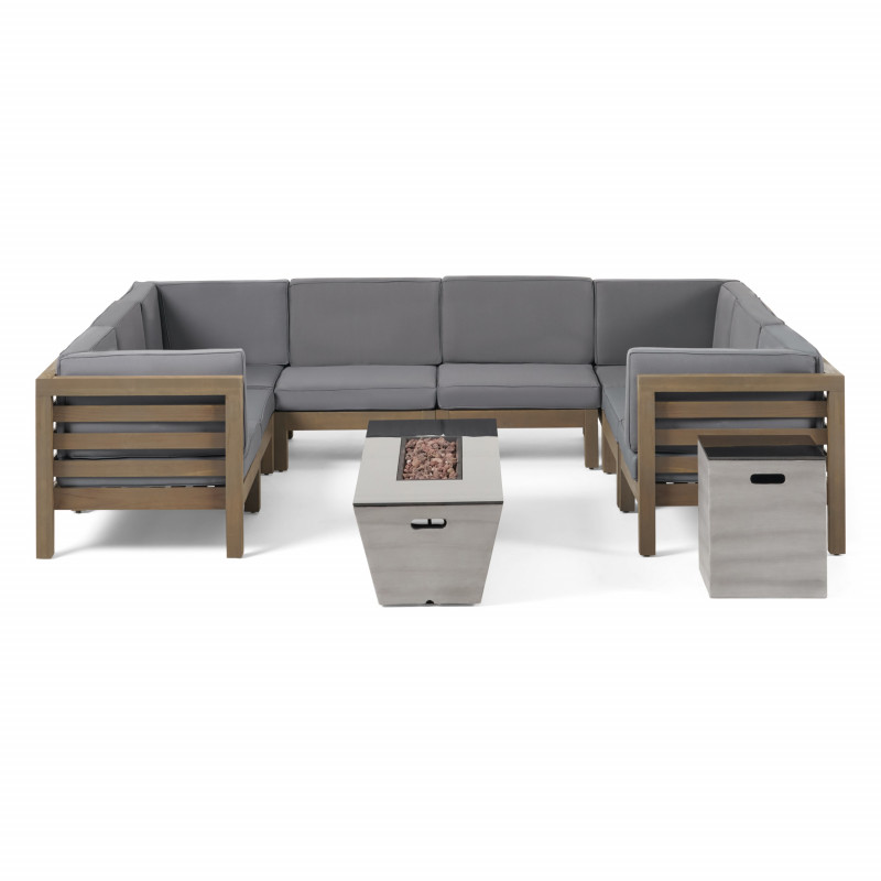 311461 Lono Outdoor Modern 8 Seater Acacia Wood Sectional Sofa Set with Fire Pit and Tank Holder, Gray, Dark Gray, and Gloss Black