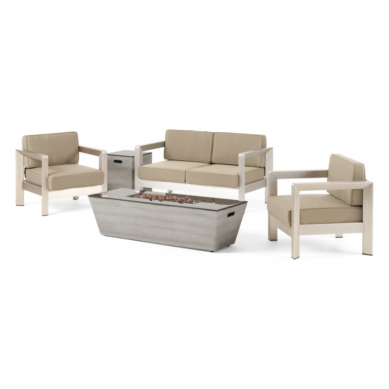 311462 Amata Outdoor Modern 4 Seater Aluminum Chat Set with Fire Pit and Tank Holder, Silver, Khaki, Dark Gray, and Gloss Black