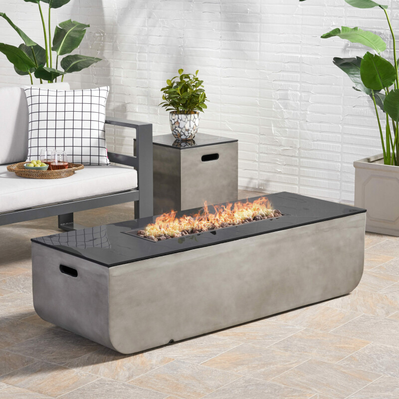 311464 Adio Outdoor 56-Inch Rectangular Fire Pit with Tank Holder, Light Gray and Gloss Black