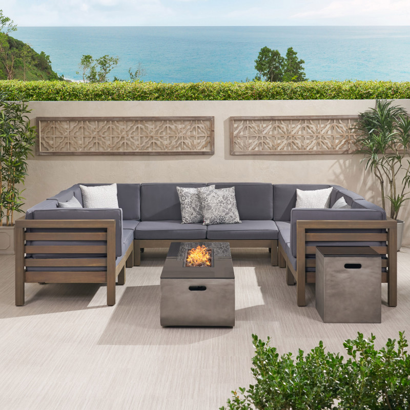 311465 Alaya Outdoor 8 Seater Acacia Wood Sectional Sofa Set with Fire Pit and Tank Holder, Gray, Dark Gray, Light Gray, and Gloss Black