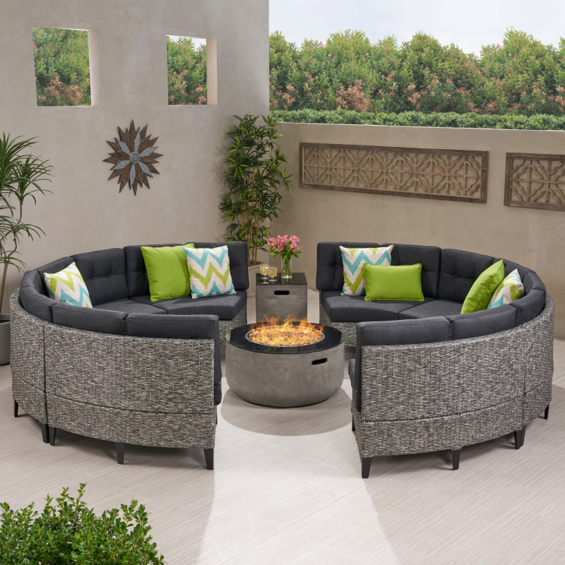 311467 Baltaire Outdoor Round 8 Seater Wicker Sectional Set with Fire Pit and Tank Holder