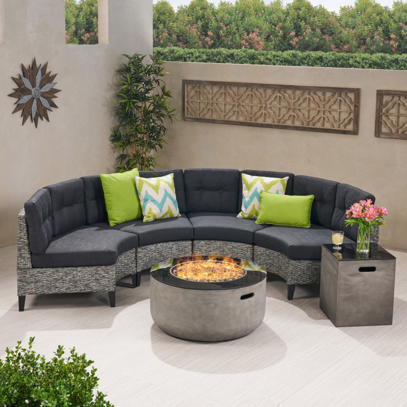 311468 Baltaire Outdoor Round 4 Seater Wicker Sectional Set with Fire Pit and Tank Holder, Mixed Black, Dark Gray, Light Gray, and Gloss Black