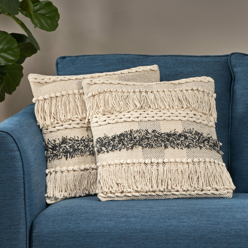 311599 Bingham Boho Handcrafted Fabric Throw Pillow (Set of 2), Natural and Gray