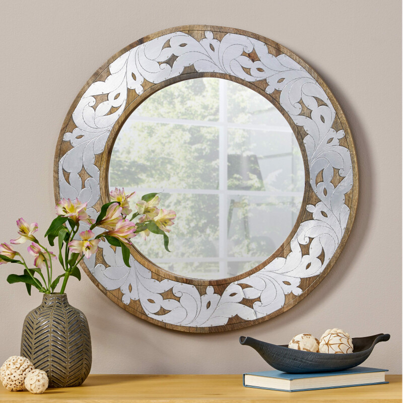 311821 Mercer Handcrafted Mango Wood Aluminum Fitted Round Mirror, Natural and Antique Silver