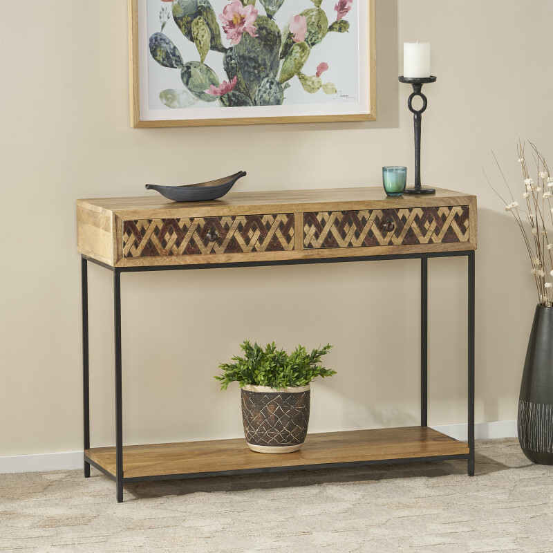 311823 Pentland Boho Handcrafted Mango Wood Console Table, Brown and Black