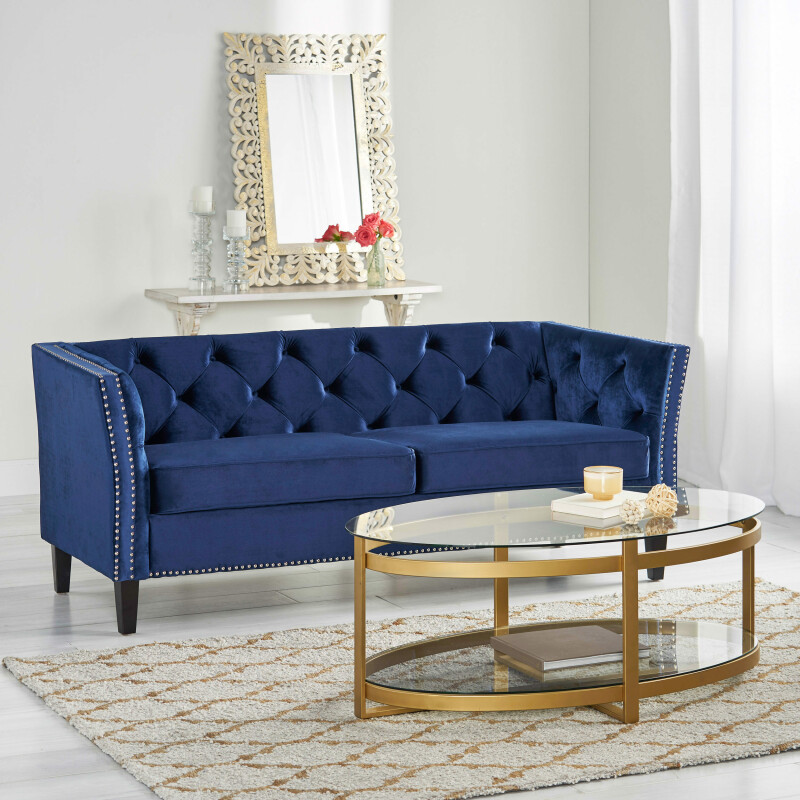 311843 Chatwin Contemporary Tufted Velvet 3 Seater Sofa, Midnight Blue and Dark Brown
