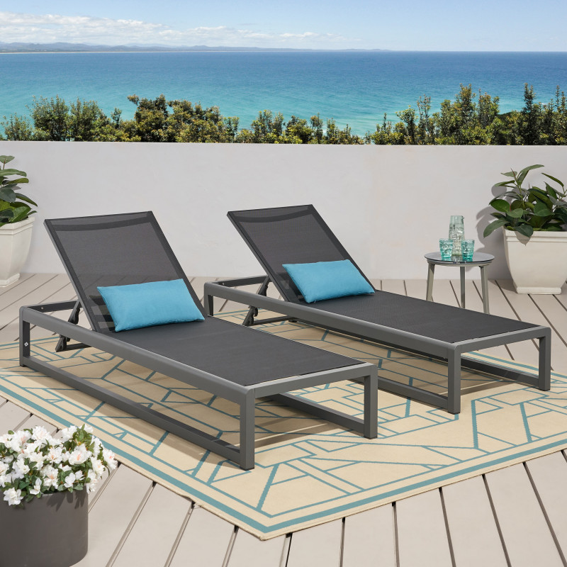311948 Metten Outdoor Mesh Chaise Lounge (Set of 2), Black and Gray