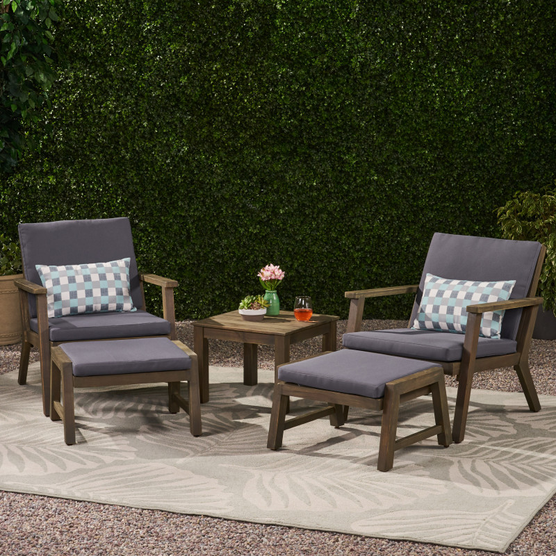 312152 Temecula Outdoor Mid-Century Modern Acacia Wood 2 Seater Chat Set with Ottomans, Gray and Dark Gray