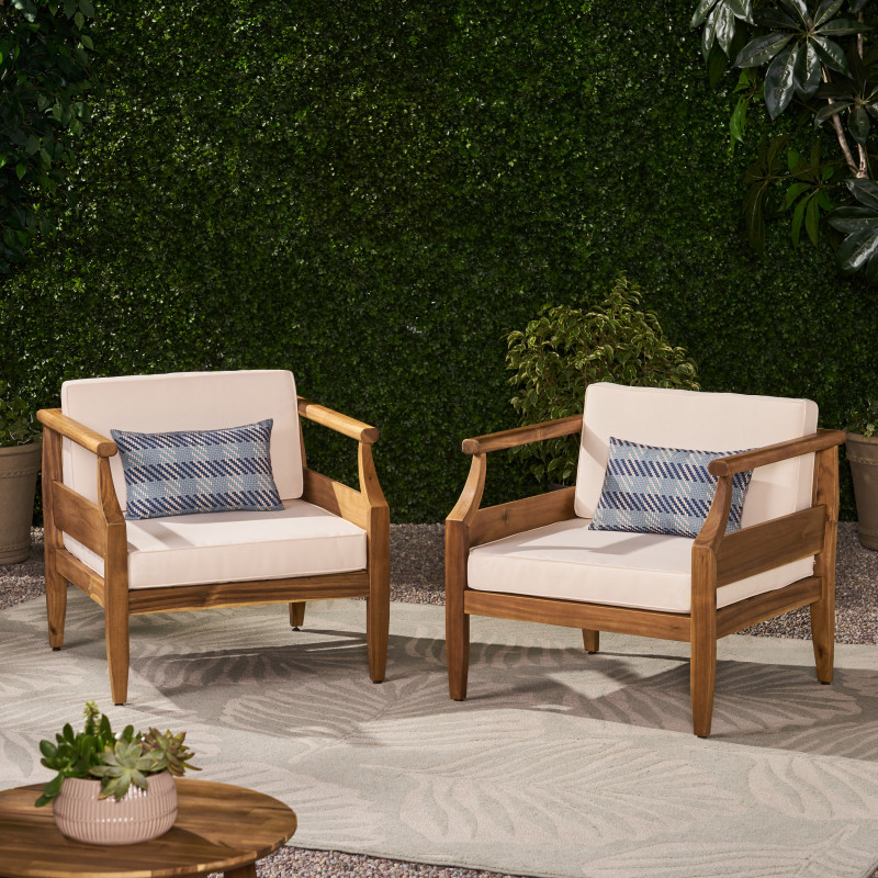 312157 Aston Outdoor Mid-Century Modern Acacia Wood Club Chair With Cushion (Set of 2), Teak and Cream